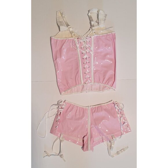 Women Sexy Pink & White PVC Bustier Corset Short Medium Back Lacing LB1151 - Picture 5 of 7